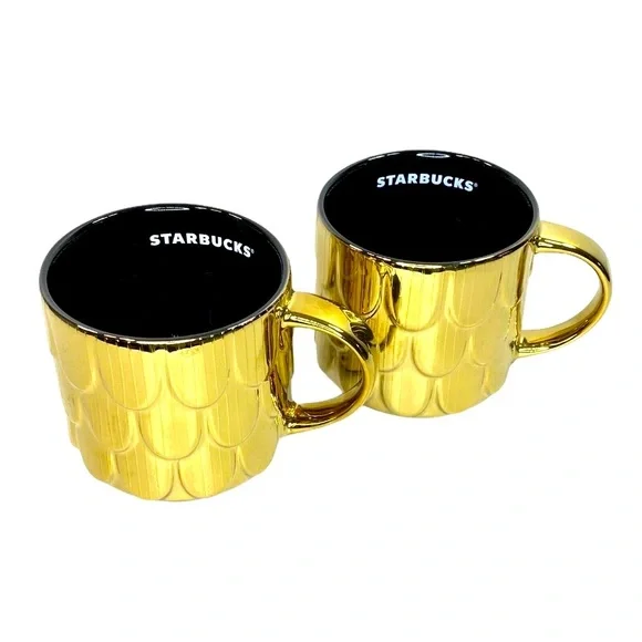 New Starbucks SET of 2 Gold Mermaid Coffee Mugs Rare - Picture 1 of 7